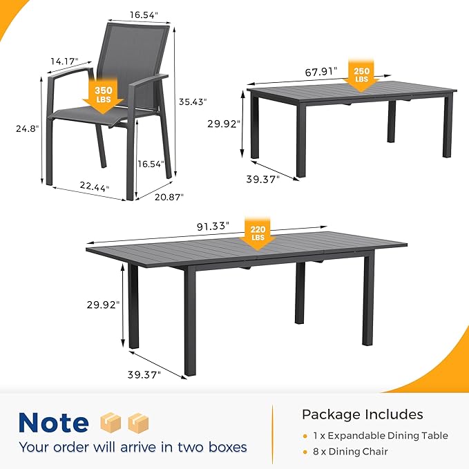 Wisteria Lane 9 Piece Aluminum Outdoor Patio Dining Sets with Fully Assembled Dining Chair，91.3" L×39.4" W Expandable Patio Table and Chairs Set for 8, Stackable Chairs with Quick Drying Fabric, Grey