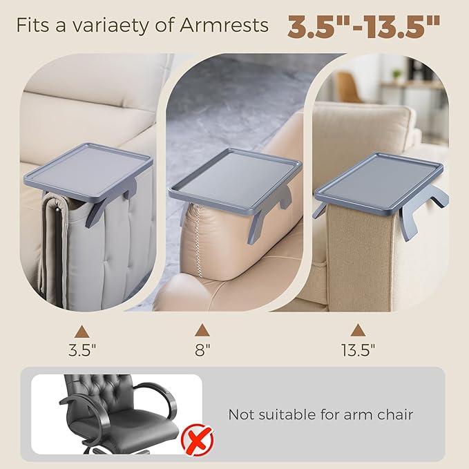 Couch Armrest Table, Foldable Bamboo Sofa Arm Tray for Couch with a Non-Slip Pad, Clip On Couch Arm Table for Remotes/Eatting/Drinks, Fits Sofa Armrest 3.5"-13.5" Gray