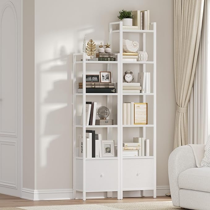 Bookshelf, 5-Tier Bookcase with Drawer, Small Book Shelf for Small Space, Storage Shelf Organizer, for Living Room, Bedroom, Study, Kitchen, White BKWT55101