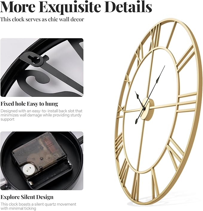 Cuspin Gold Wall Clock 16 Inch Metal Decorative Clock for Living Room, Battery-Operated Completely Silent Non Ticking Round Modern Wall Clock -Roman Number