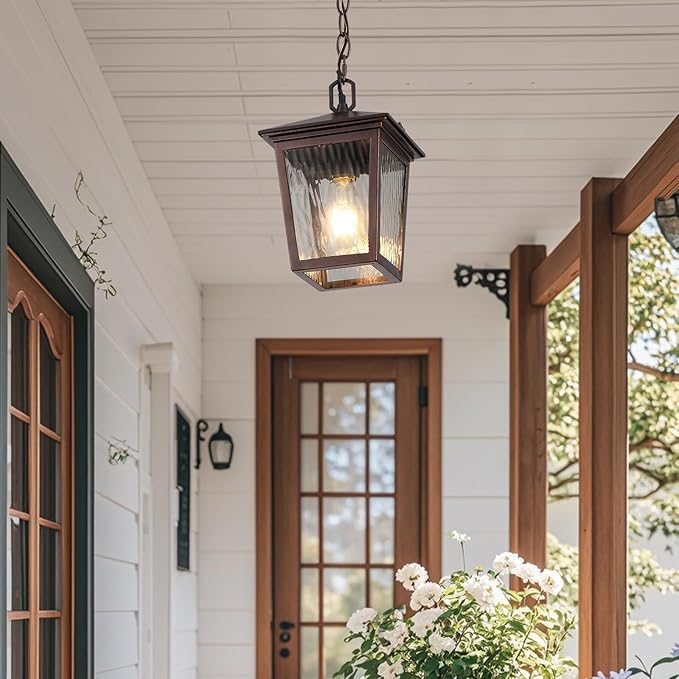 Outdoor Pendant Light, Brown Outdoor Porch Light fixtures with Anti-Rust, Coffee Exterior Hanging Lantern, Height Adjustable Outside Chandelier with Water Glass for House Patio Garage