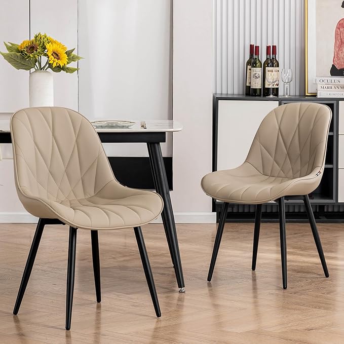 Rowill Dining Chairs Set of 2 - Modern Kitchen Chairs with Soft Backrest, Sturdy Metal Legs & Non-Slip Pads, Suitable for Home Kitchen, Faux Leather Upholstered Seats for Dining Room, Khaki