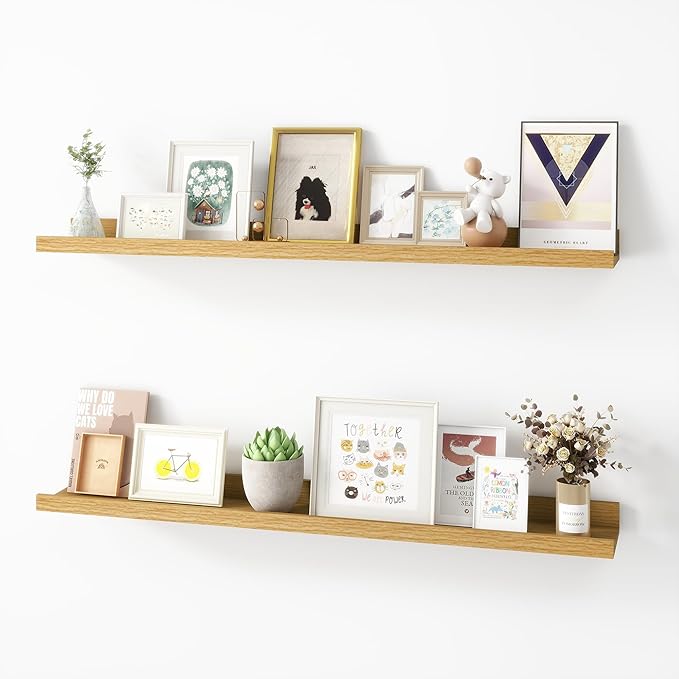 Picture Ledge Shelf, Wood Floating Shelves Set of 2, 36 inch Picture Ledge Shelves, Photo Ledge Nursery Book Shelves Wall Mounted for Living Room Kids' Room Bedroom, Color Oak