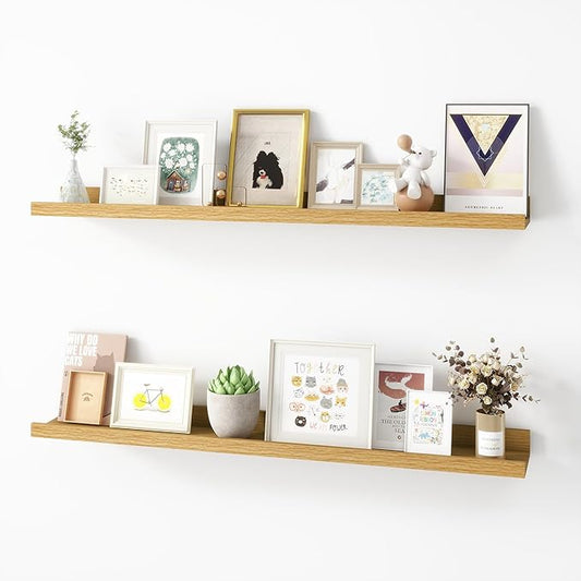 Picture Ledge Shelf, Wood Floating Shelves Set of 2, 36 inch Picture Ledge Shelves, Photo Ledge Nursery Book Shelves Wall Mounted for Living Room Kids' Room Bedroom, Color Oak