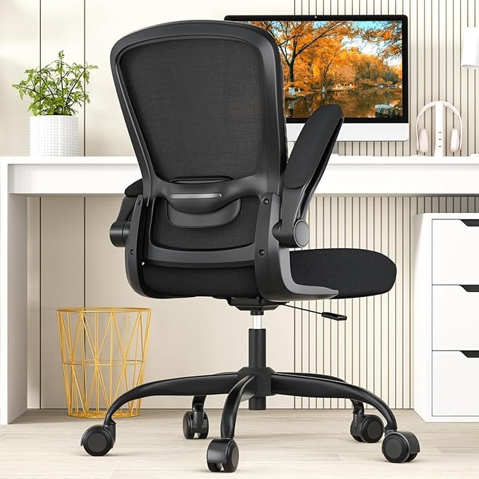 Mimoglad Ergonomic Office Chair - BIFMA Certified, Flip-up Armrests & 135° Recline, Adjustable Lumbar Support - Space-Saving Task Chair for Business/Team Office & Home (Black, 300lbs)