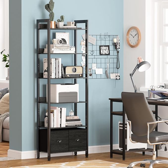 Furologee 6-Tier Bookshelf, Tall Bookcase with 2 Drawers Storage Organizer, Industrial Display Free Standing Shelf Units, Wood and Metal Storage Rack for Home Office, Bedroom, Black Oak