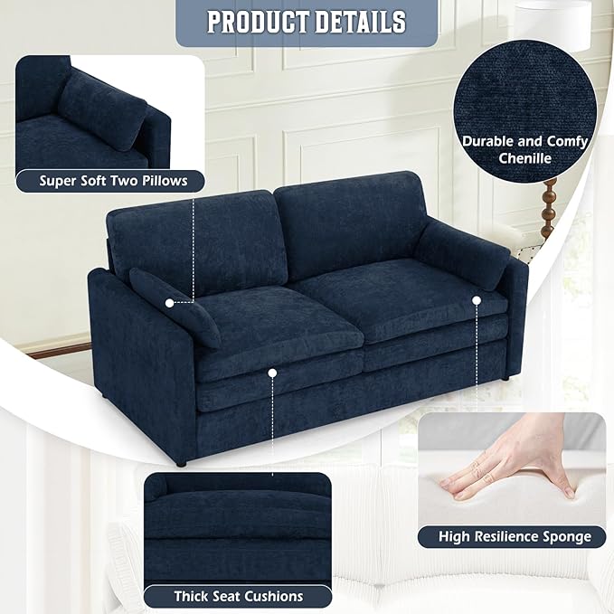 69" Chenille Modern Couch with Cozy & Soft Backrests, 2 Seats Sofa with 2 Extra Pillows, Comfy Upholstered Sofa with Thicker Cushions for Living Room, Office, Blue