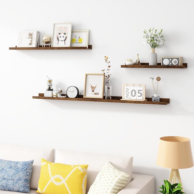 Picture Ledge Shelf, Wood Floating Shelves Set of 4, 24 inch Picture Ledge Shelves, Photo Ledge Nursery Book Shelves Wall Mounted for Living Room Kids' Room Bedroom, Color Brown