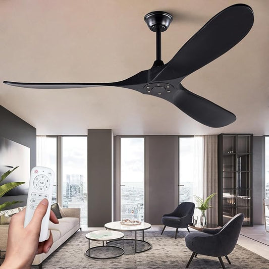 60 Inch Ceiling Fan without Light, Reversible DC Motor Wood Ceiling Fan with Remote Control, Black Modern Ceiling Fan no Light for Outdoor Indoor Living room Farmhouse Patios