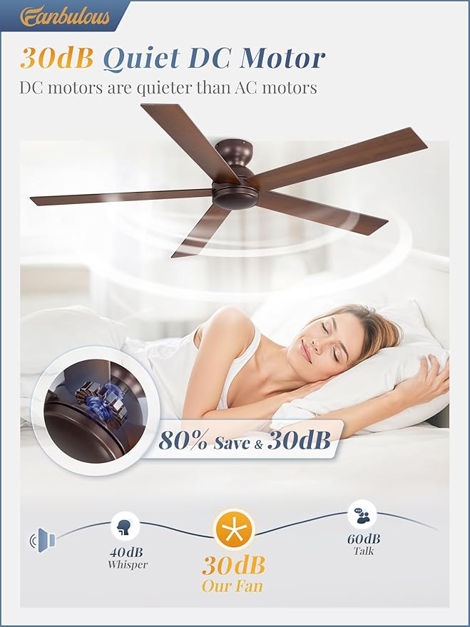 60 Inch Low Profile Ceiling Fan no Lights, Brown Farmhouse Ceiling Fan without Light, 6-Speeds, Quiet Reversible DC Motor, Indoor/Outdoor Ceiling Fans for Patio, Living Room, Bedroom