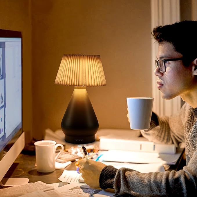 Wireless Charging LED Desk Lamp with Touch Control, 3 Color Options, Dimmable, Pleated Lampshade. Suitable for Dining Room, Bedroom, Office, Outdoor Camping