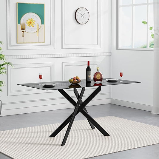 HomVent 51.18" Rectangular Black Glass Dining Table,Stylish Design with Black Metal Legs, Dining Table for Dining Room