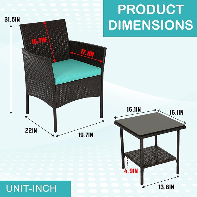 FDW 3 Piece Outdoor Furniture Set Patio Brown Wicker Chairs Furniture Bistro Conversation Set 2 Rattan Chairs with Blue Cushions and Glass Coffee Table for Porch Lawn Garden Balcony Backyard