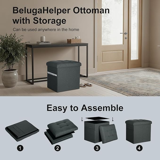 Small Ottoman with Storage, 61L Slim Tall Foldable Ottoman Foot Rest Stool with Thicker Foam Padded Seat. Linen Storage Bench for Bedroom Living Room, 300lbs Weight Support, 17x13x13IN, Gray Black
