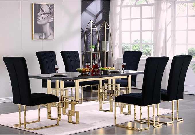 AUZ Dining Chairs Set of 6, Black and Gold Velvet Upholstered Dining Chairs with High Back and Polished Stainless Steel Sled Legs