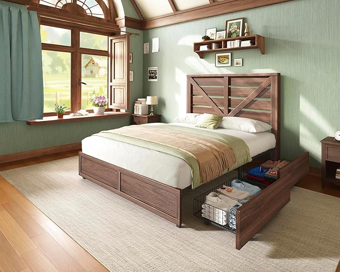 AMERLIFE Queen Size Farmhouse Bed Frame with 4 Drawers, Wooden Storage Bed Frame with Headboard and Heavy Duty Metal Slats, Noisy Free, Easy Assemble, Rusric Brown