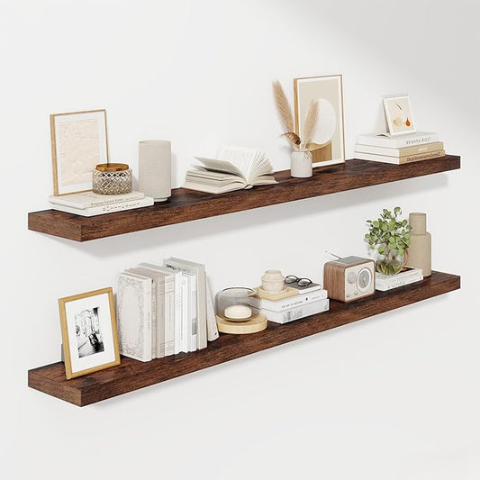 Fun Memories 66 Inch Fireplace Mantel Shelf with Invisible Bracket, 8 Inch Deep Floating Shelf for Living Room, Kitchen, Farmhouse, Brown (2-Pack)