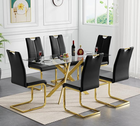 Goujxcy Gold Dining Table Set for 6, Glass Kitchen Table with Chair Set, Modern 51" Rectangle Glass Dining Table and 6 Black PU Leather Chairs with Metal Frame for Kitchen Dining Room
