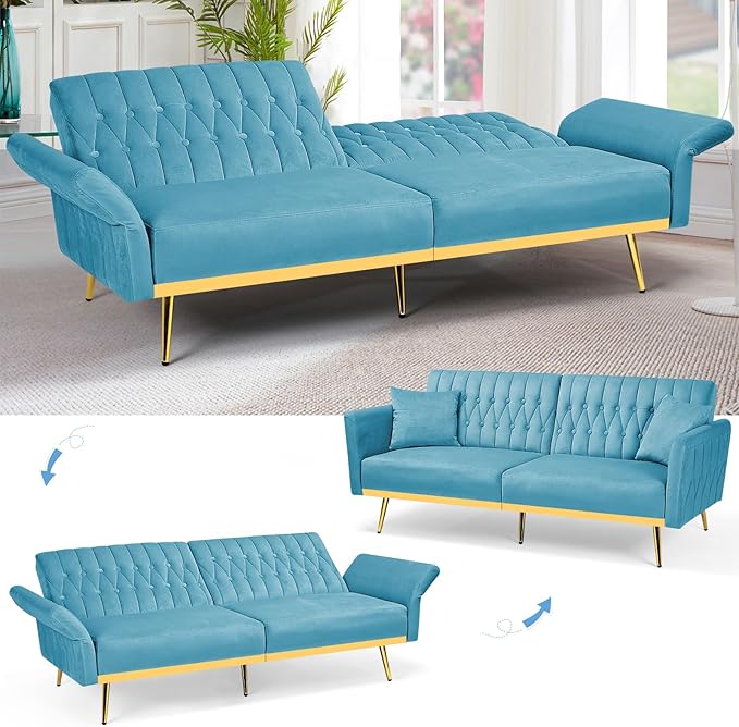 70” Velvet Futon Sofa Bed with 2 Pillows and Adjustable Armrests, Convertible Sleeper Bed W/Adjustable Backrests, Modern Loveseat for Living Room, Bedroom, Baby Blue