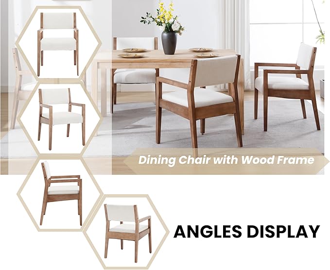 EALSON Upholstered Dining Chairs Set of 4 Mid Century Dining Room Arm Chairs with Hardwood Frame Modern Farmhouse Kitchen Side Chairs for Living Room, Beige Linen