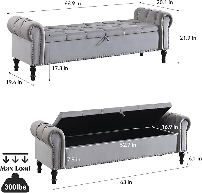 Velvet Storage Bench 67 Inch Upholstered Tufted Ottoman Bench with Arms King Size End of Bed Bench for Bedroom Living Room Entryway Grey
