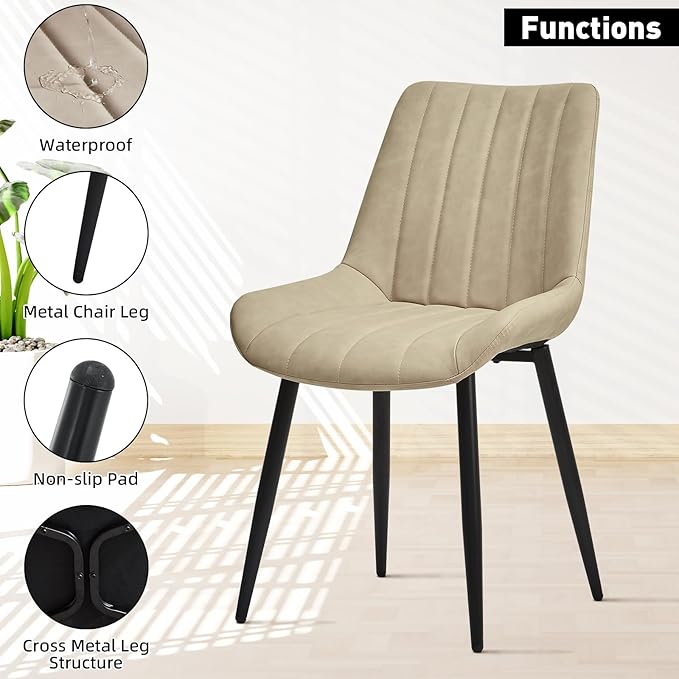 Dining Chairs Set of 2, Faux Leather Modern Linear Design Dining Chair with Metal Legs, 16.9" Seat Width Chair for Kitchen, Lounge, Reception Room, Restaurant, Commercial (Beige)