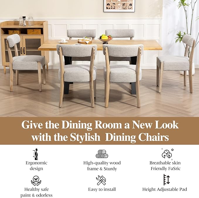 Dining Chairs,Set of 6 Mid-Century Modern Wooden Kitchen Chairs with Linen Upholstery - Low-Back Woven Design for Kitchen & Dining Room,Oatmeal Fabric