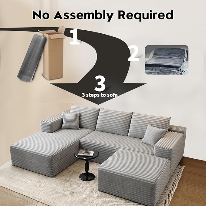 107.5" Cloud Modular Sectional Couch with 1 Ottoman,Modern Minimalist Upholstered Couches, Comfort U Shaped Sofa for Living Room,Deep Seat Corner Couch，No Assembly Required (Grey,Left Facing Chaise)