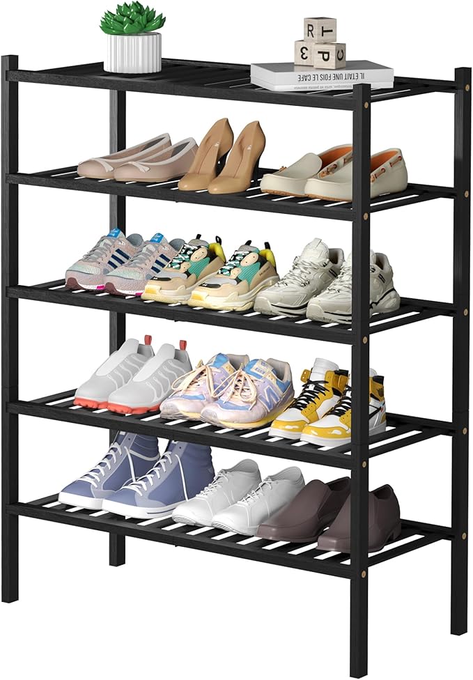 5 Tier Bamboo Shoe Rack for Closet Free Standing Wood Shoe Shelf for Entryway Small Space Stackable 27"x11"x33" (Black)
