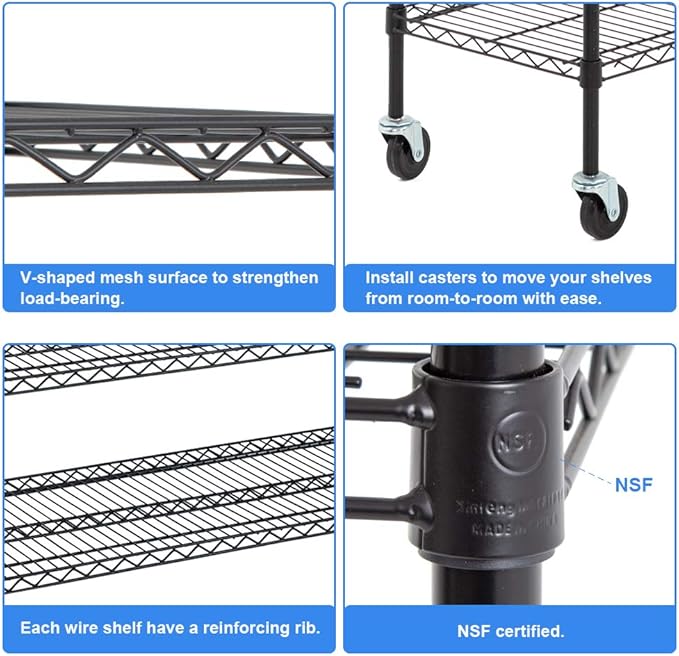BestOffice | 6-Tier Wire Storage Shelves with Wheels | 18x48x77 | Black | Adjustable Racks | Heavy-Duty Metal Shelf, Holds Upto 600 lbs | No-Tool Assembly | Ideal for Home & Garage Shelving