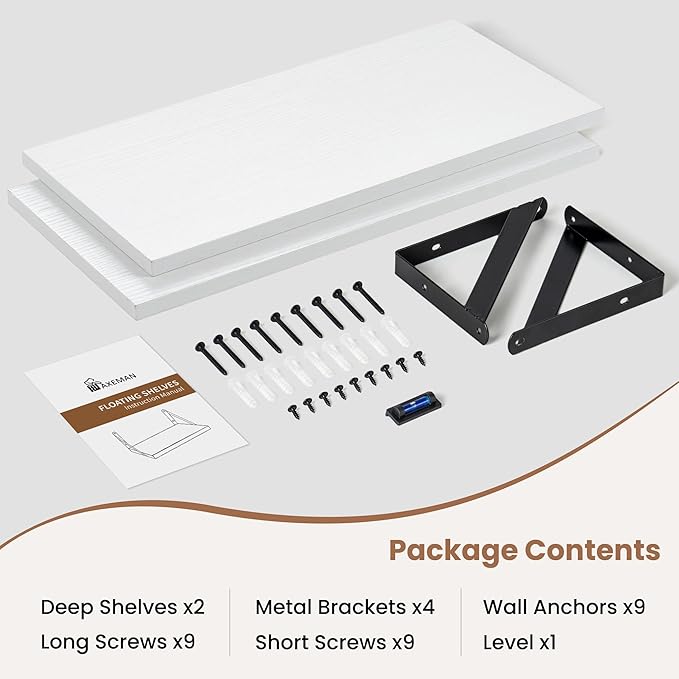 Axeman White Floating Shelves for Wall, 16W x 8D Floating Shelves Set of 2, 8'' Deep Wall Shelves for Bookshelf Living Room Bedroom Home Office Bathroom