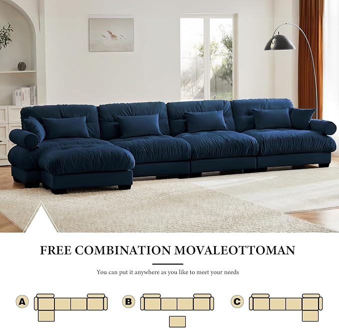 166" Oversized L Shaped Sectional Sofa, 4 Seater Modular Velvet Cloud Couch with Ottoman, Blue Large Fluffy Couch Set for Living Room