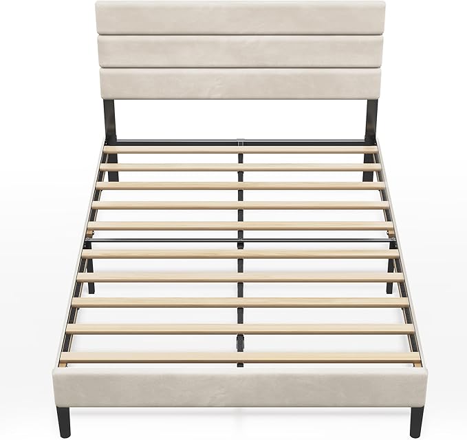 WLIVE Full Size Upholstered Bed Frame, Velvet Square Tufted Headboard,Sturdy Metal & Wooden Slats Support, No Box Spring Needed, Light Grey