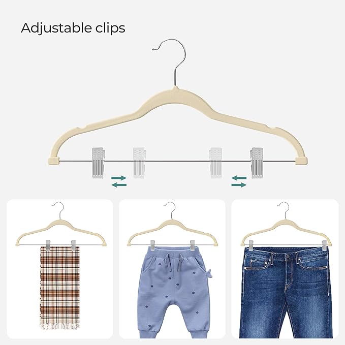 SONGMICS 20-Pack Pants Hangers, 16.7-Inch Long Velvet Hangers with Adjustable Clips, Heavy-Duty, Non-Slip Skirt Hangers, Space-Saving for Pants, Skirts, Coats, Dresses, Sandy Beige UCRF012K20