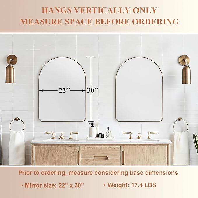 ANDY STAR Arched Mirror, 22 x 30 Inch Gold Wall Mirror in Stainless Steel Metal Frame, Arch Top Rounded Corner 1 Inch Deep Set Design Wall Mount Hangs Vertical