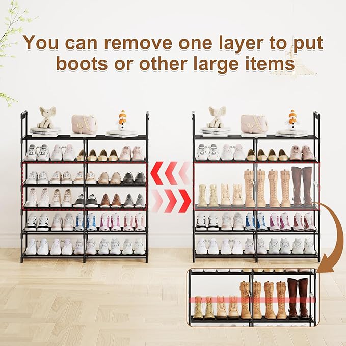 2-Row 6-Tier Stackable Shoe Rack, Black Metal Shoe Shelf with Multifunctional Hooks, Hold 24-30 Pairs, Space Saving Shoes Organizer for Closet,Show Rack