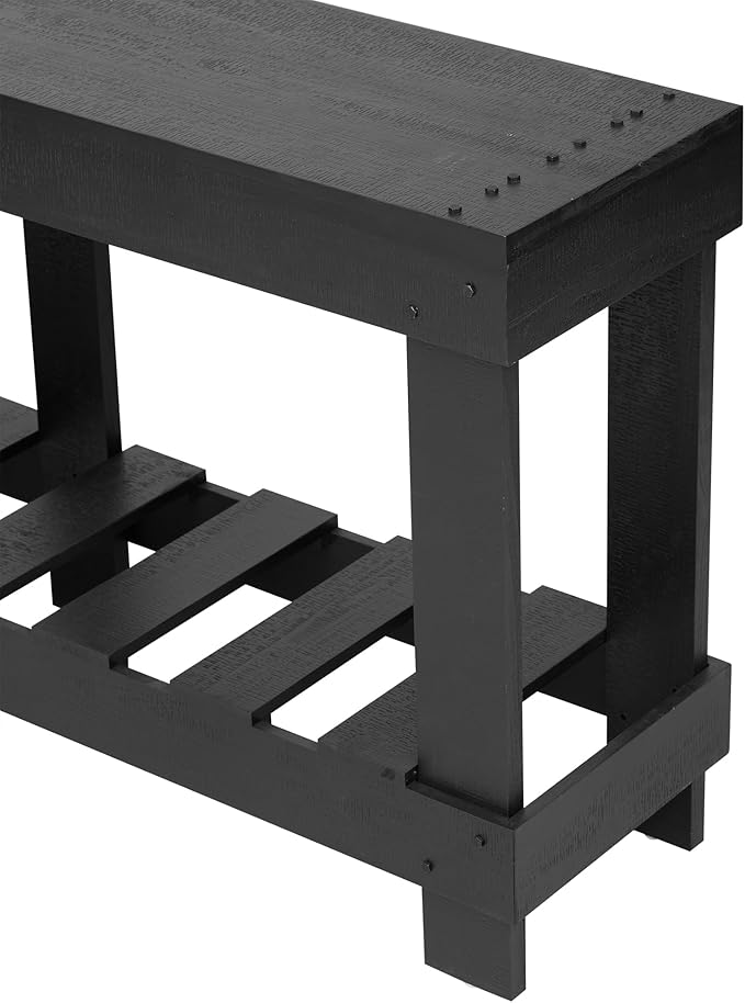 62.9" Vintage Entryway Table - Solid Cedar Wood with Natural Grain, 6 Reinforced Legs & 4.5" Thick Desktop, Metal Rivet Decor & Plank Under-Shelf, Console Table for Hallway, Living Room (Black)