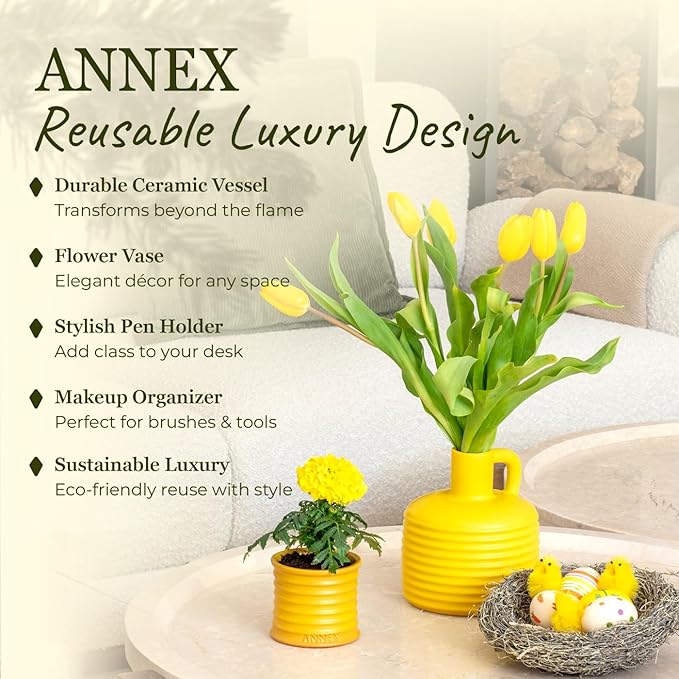 Scented Luxury Candles in Handmade Ceramic Jars, Soy Wax | Flower Bomb – Lily of The Valley & Jasmine, Large Candle | Non Toxic, 2 Wicks, Reusable Yellow Jar | Natural Spring Aromatherapy for Women