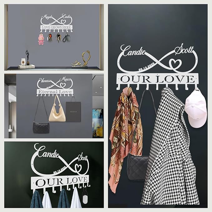 Personalized Key Hooks for Wall,Custom Couples Name Loving Heart Key Holder Wall Mounted,Fashion Coat Rack,Metal Key Hanger with Hooks,Key Rack Organizer for Entryway,Hallway,Doorway