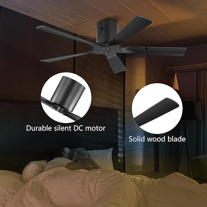 ELEHINSER 52 inch Low Profile Ceiling Fan without Light, 5 Solid Wood Blades, 6-Speed, Quiet DC Motor, Timer, Flush Mount Modern Ceiling Fan No Light with Remote for Living Room Bedroom, Black