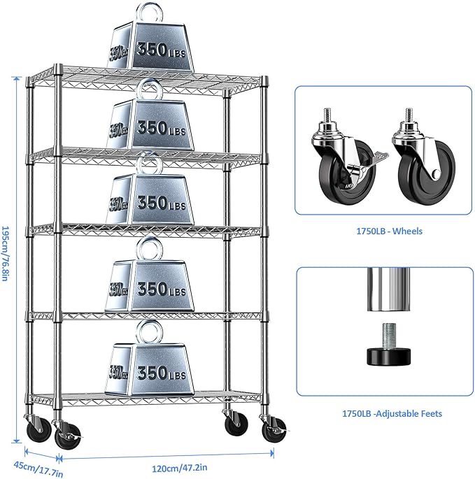 IZEUK 5-Tier Storage Shelving Unit with Wheels, Adjustable Heavy Duty Steel Wire Rack Organizer (Chrome, 17.7" D x 47.2" W x 76.7" H, 1750 lbs Capacity) for Garage, Kitchen, Pantry, Laundry