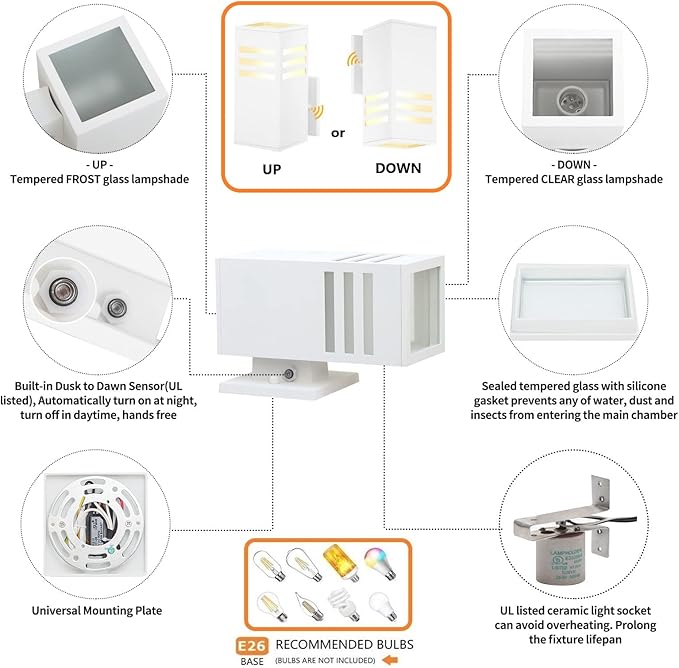 Dusk to Dawn Outdoor Wall Lamp, Exterior Light Fixture - ETL Listed, Aluminum Anti-Rust Waterproof Wall Mount Rectangular Design – Up/Down Photocell Outdoor Lighting for Porch, Garage or Patio