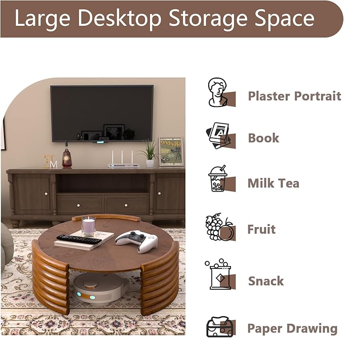 36" Round Coffee Table for Living Room Mid Century Modern Vintage Circle Coffee Table Center Tables Fluted Accent Tea Tables for Apartment Living Room