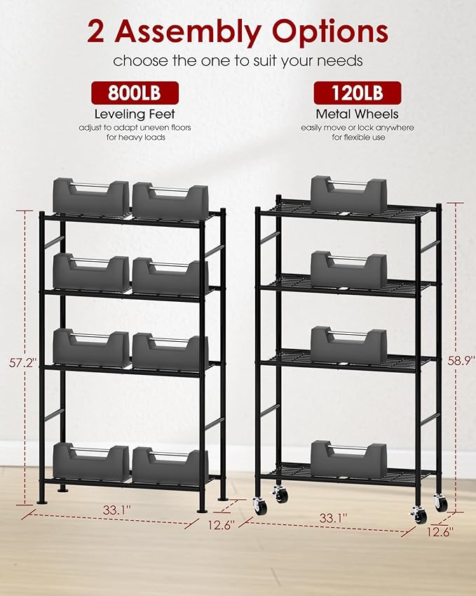 Storage Shelves Organizer - 4 Tier Metal Shelf Organizer with Metal Wheels and Adjustable Leveling Feet, Heavy Duty Garage Shelving for Kitchen, Pantry and Closet, 33.1"x12.6"x58.9", Black