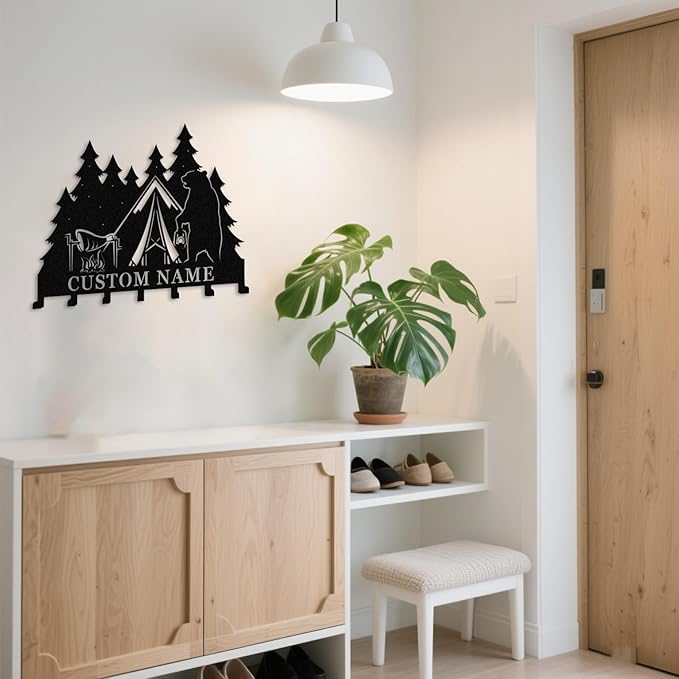 Personalised Metal Key Rack Hooks,Camp Theme Key Holder with Name,Custom Key Holder for Wall,Home Sweet Home Decor,Housewarming Gift Camp 1