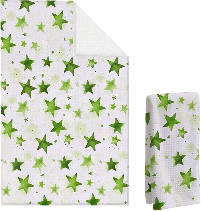 Watercolor Star Hand Towel, Star Waffle Towels, Nursery & Bathroom Hand Towel, 16x24 Inch Grass Green Dish Tea Towel Decor for Kitchen & Nursery & Bathroom, Gift for Friends & Homeowners.