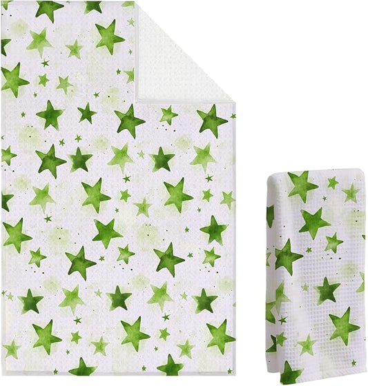 Watercolor Star Hand Towel, Star Waffle Towels, Nursery & Bathroom Hand Towel, 16x24 Inch Grass Green Dish Tea Towel Decor for Kitchen & Nursery & Bathroom, Gift for Friends & Homeowners.