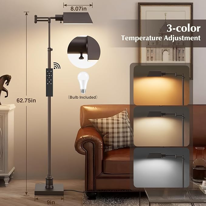GyroVu Traditional Height Adjustable Pharmacy Floor Lamp with 350° Swing Arm, Color Temperature Adjustable Standing Lamp Metal Shade for Living Room Reading House Bedroom Home Office(Bronze)