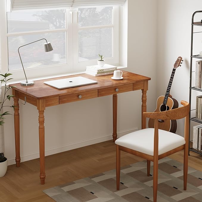 Solid Wood Desk with Drawers - 48 Inch Writing Desk with Drawers, Mid Century Modern Desk with 2 Hooks, Rubber Wood Study Table for Bedroom, Living Room & Office, Walnut Color