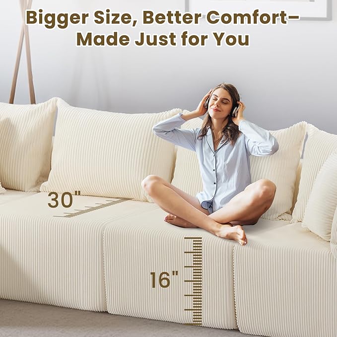 Oversize 131” Boneless Couch for Living Room, Comfort U Shaped Cloud Couch Sectional, Extra Deep Seats Corduroy Modular Sectional Sofa No Assembly,Beige